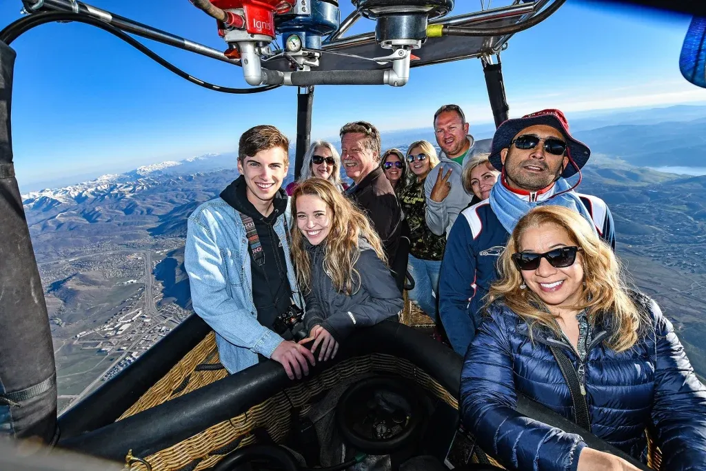Hot air balloon flying over Park City, Utah and the Wasatch Mountains